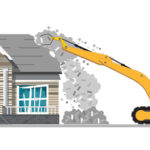 Demolition of a building. Destruction of the house with the help of an excavator. Dismantling of an old building Isolated on a white background Vector illustration.