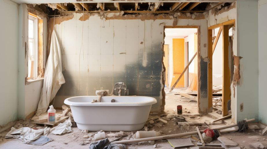 gutting interior demolition illustration stripping dismantling, debris cleanup, sledgehammer jackhammer gutting interior demolition
